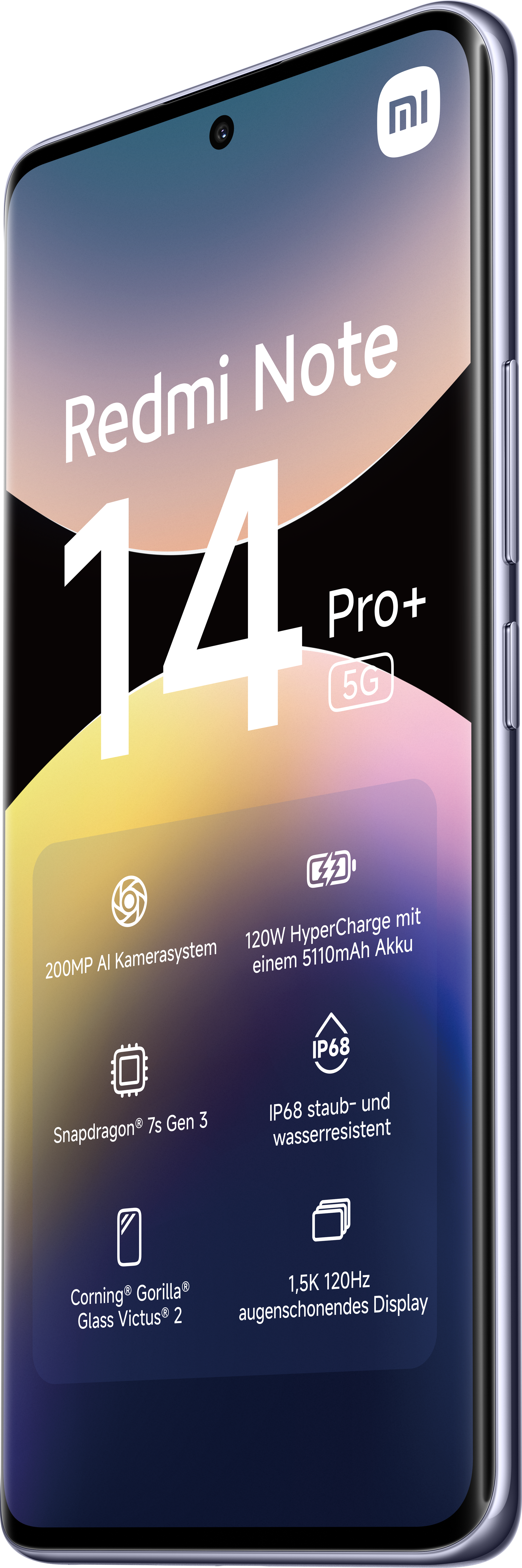 L'écran du smartphone affiche les caractéristiques du Redmi Note 14 Pro+, y compris l'appareil photo, le processeur, la batterie et l'écran.