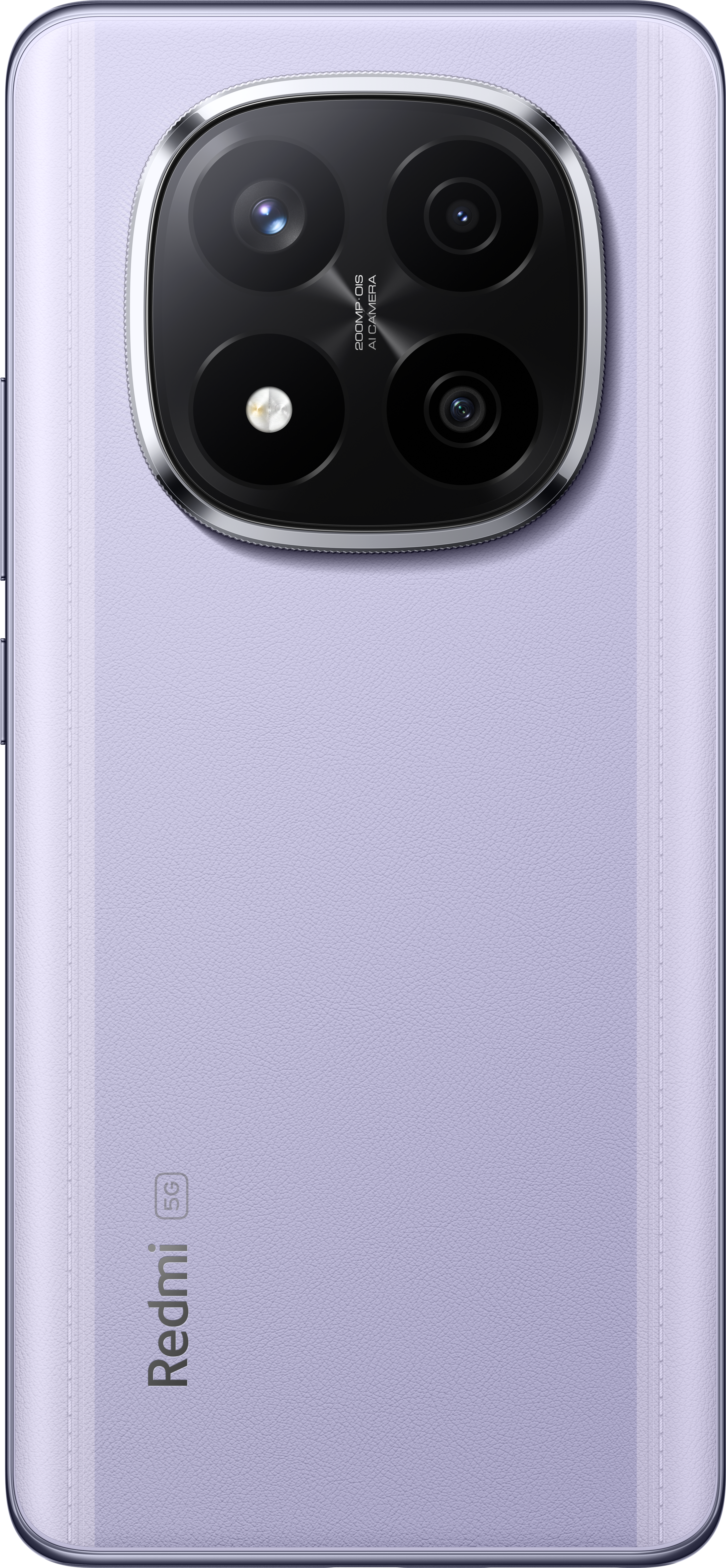 Un dos de téléphone Redmi 5G violet avec un grand module de caméra. Le module contient plusieurs lentilles et le logo Redmi est visible.