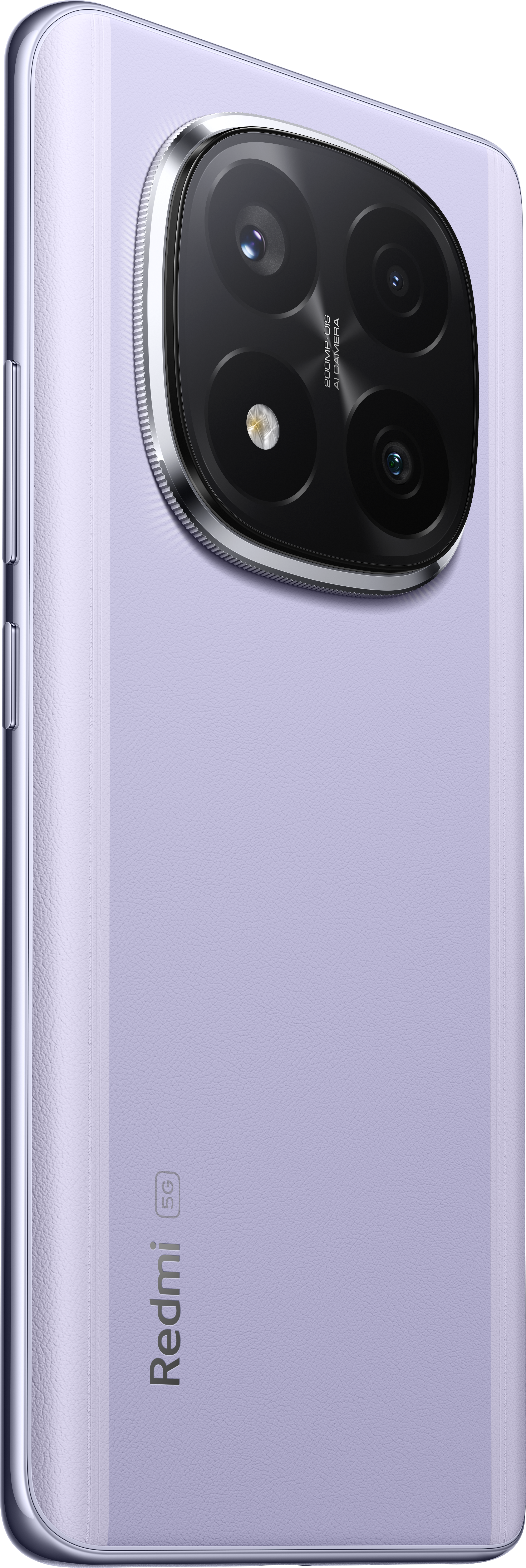 Un téléphone violet montrant l'arrière avec des caméras et le mot Redmi.