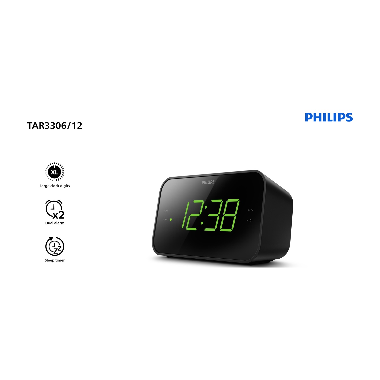 Sveglia digitale Philips nera con cifre verdi che mostrano l'ora, sfondo bianco.