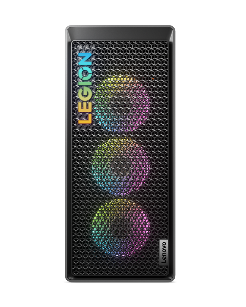 Ein schwarzer Computerturm mit dem Legion-Logo und bunten Lichtern.