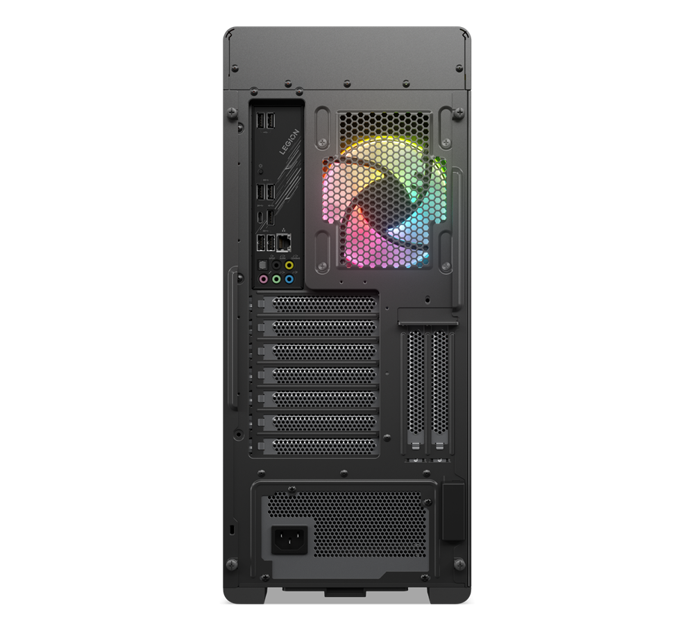 Rückseite eines schwarzen Computergehäuses mit farbenfrohem Lüfter, Anschlüssen und Legion-Logo.