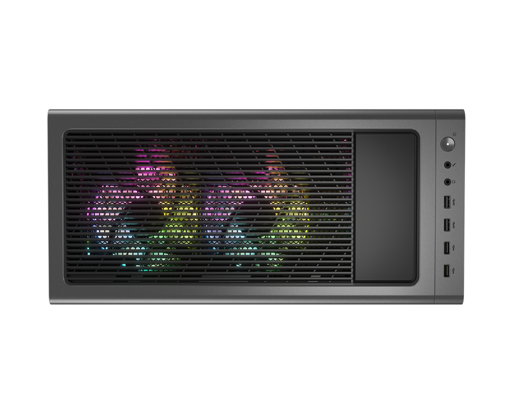 Ein Computergehäuse mit Mesh-Front, farbenfrohe beleuchtete Lüfter.