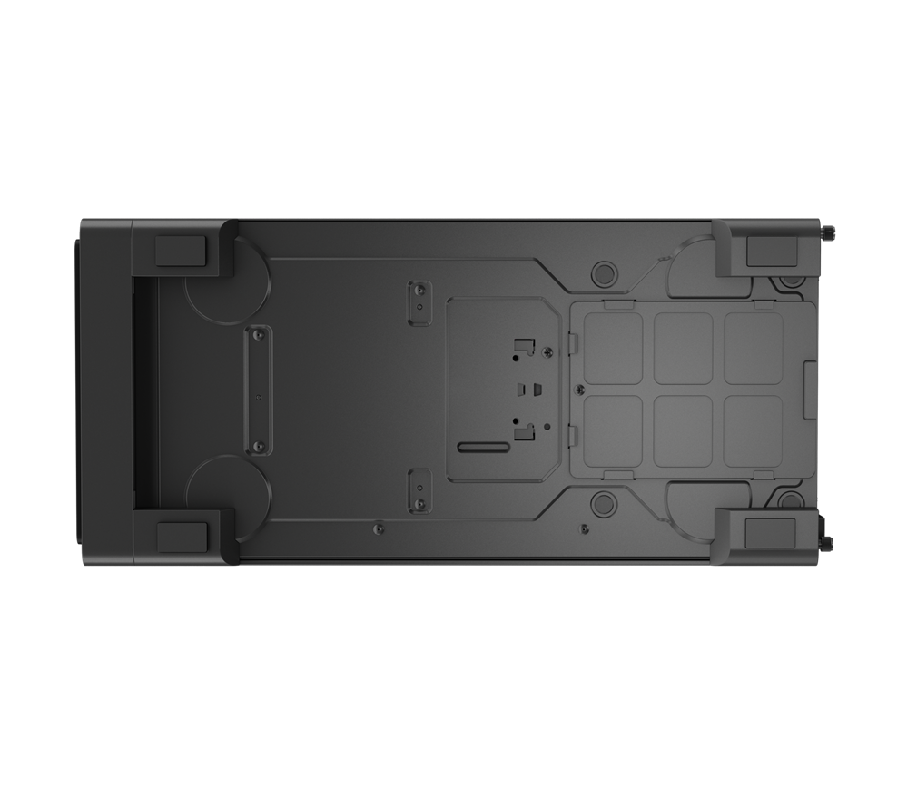 Schwarze Computergehäusebasis. Draufsicht. Schwarzer Hintergrund.