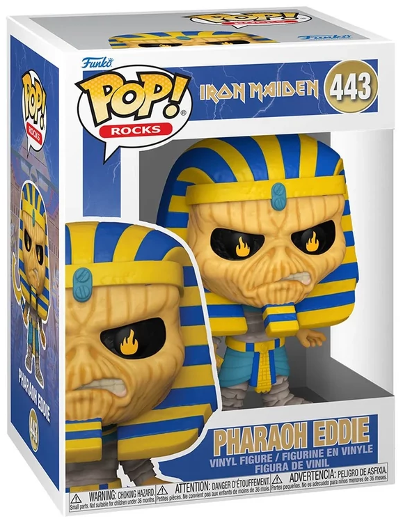 Funko Pop figura Fáraó Eddie-ről az Iron Maiden-től, dobozban.