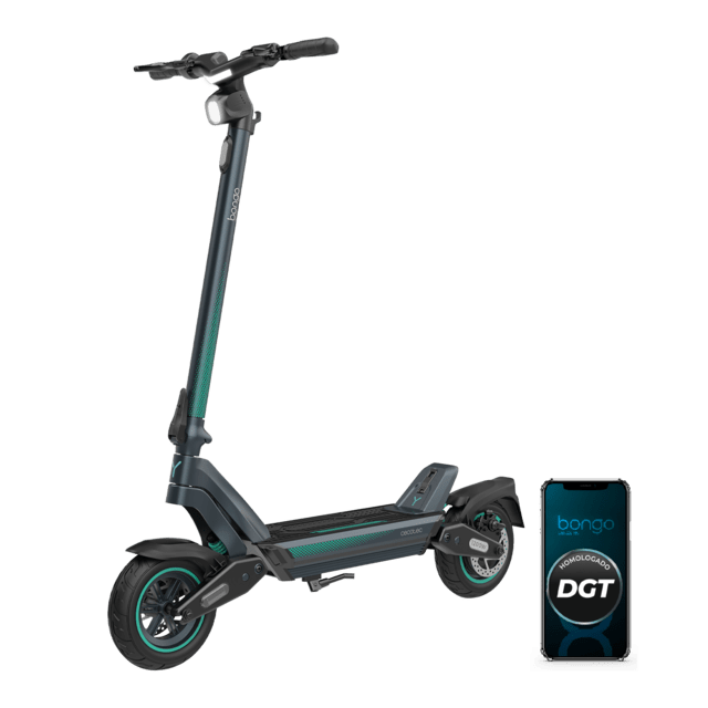 Scooter eléctrico, gris oscuro y verde azulado, con teléfono mostrando certificación DGT.