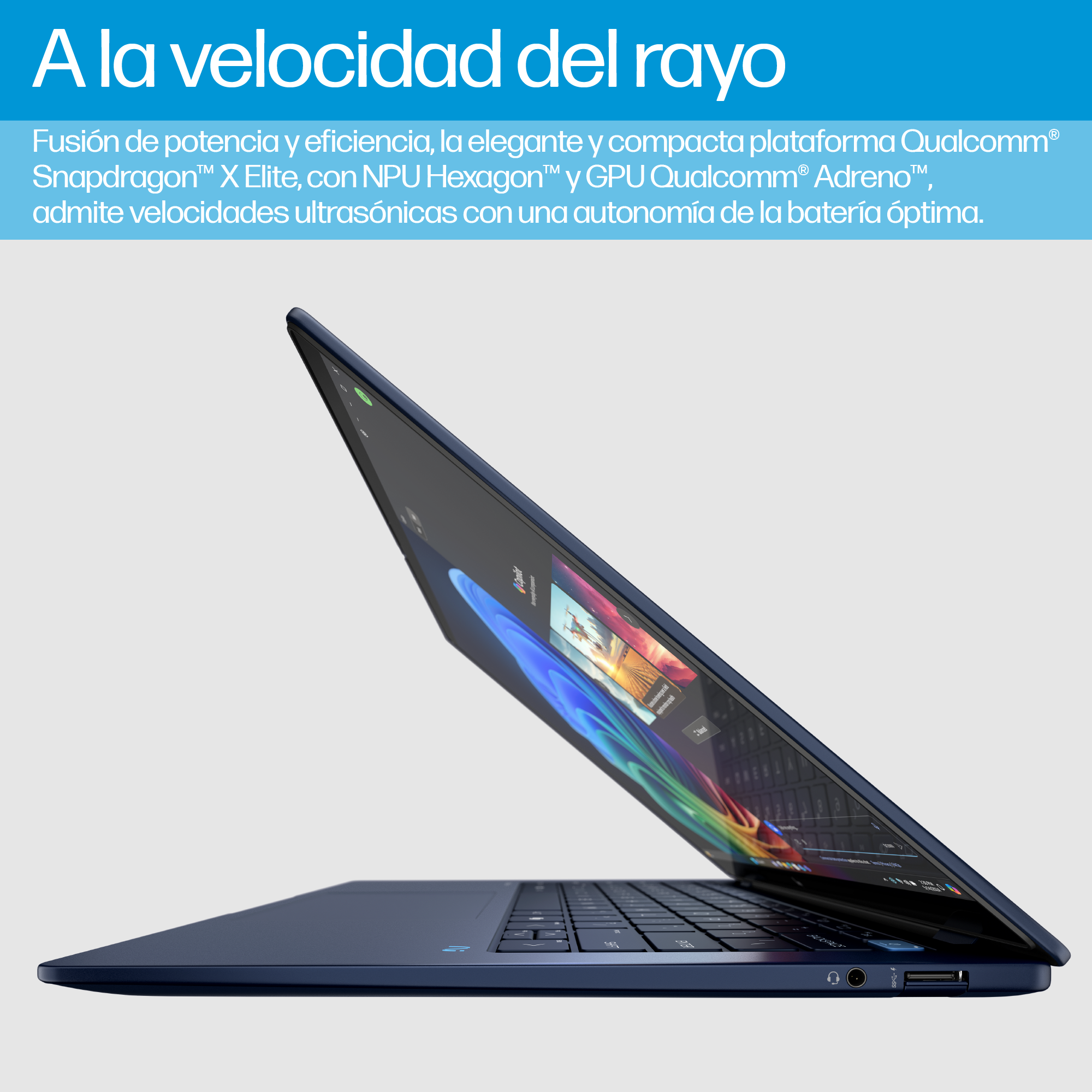 Ordenador portátil abierto, mostrando la pantalla, con texto sobre fondo azul.