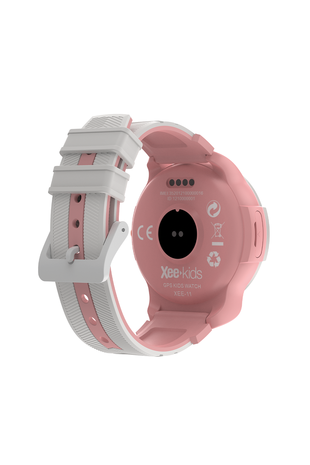 Pembe ve beyaz Xee-kids GPS çocuk saati. Kayış detaylı. Arkada metin ve logo var.