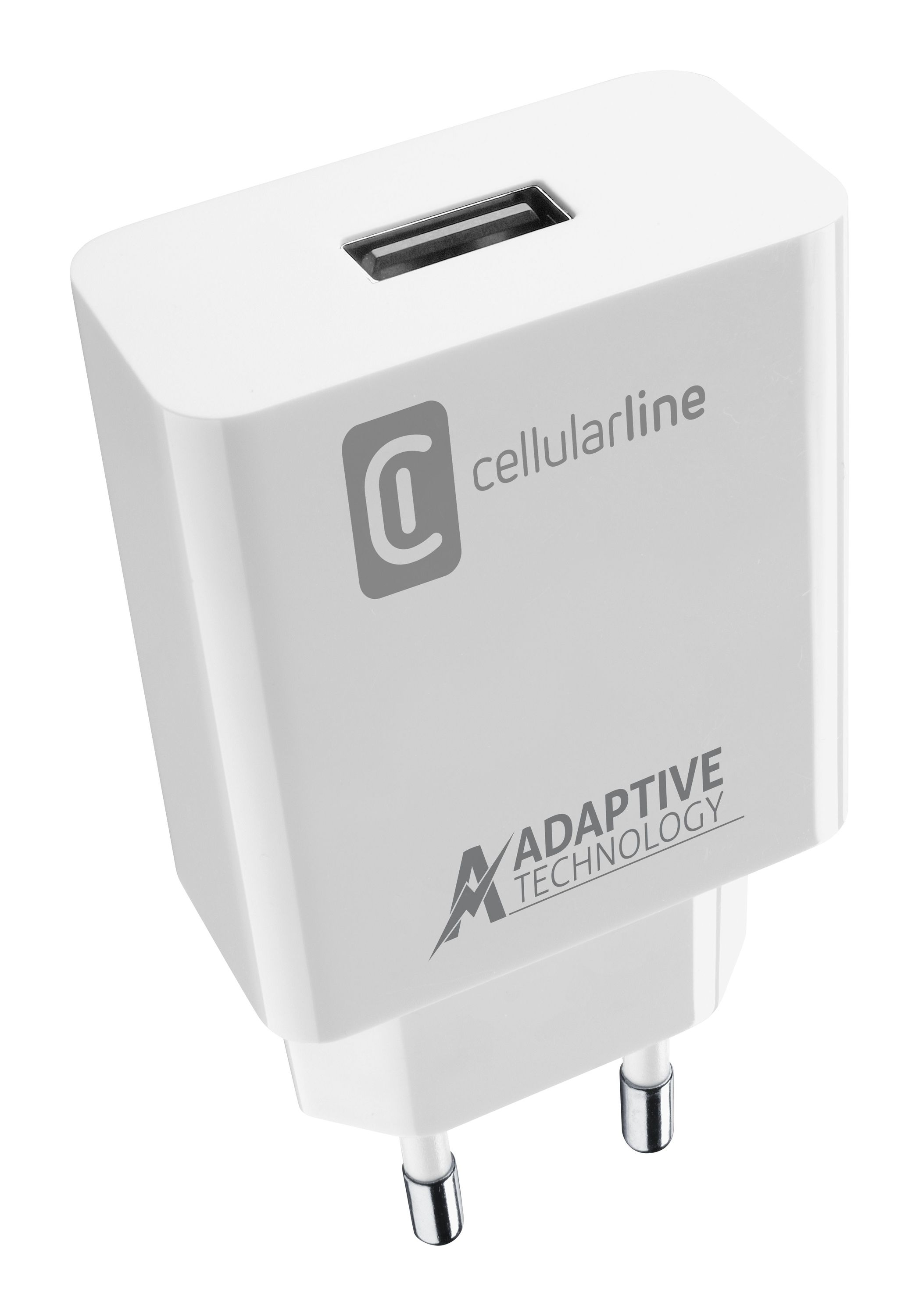 USB portlu ve Adaptive Technology logolu beyaz cellularline USB şarj cihazı.
