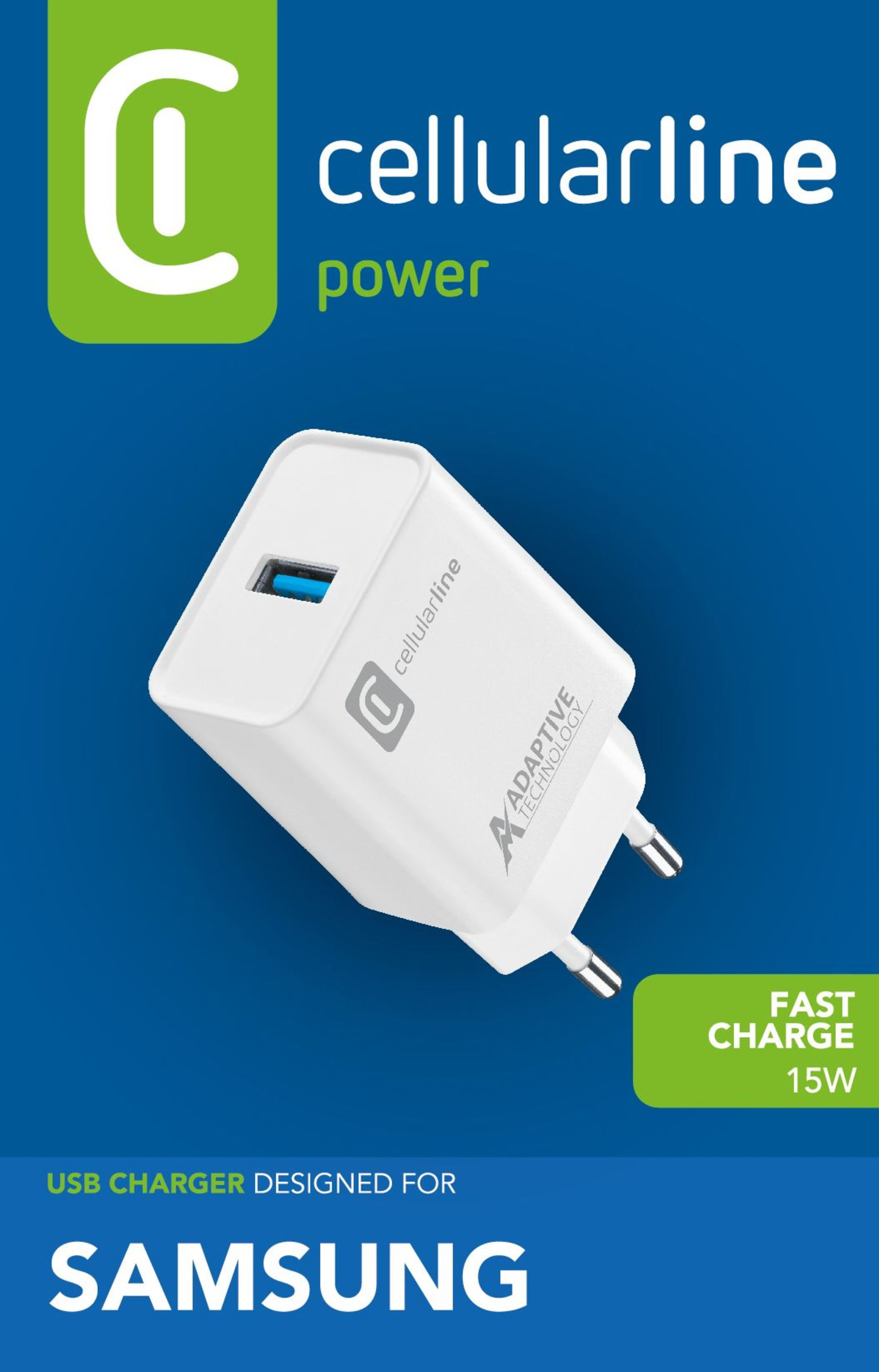 Samsung için tasarlanmış, hızlı şarj 15W'lu beyaz cellularline USB şarj cihazı.