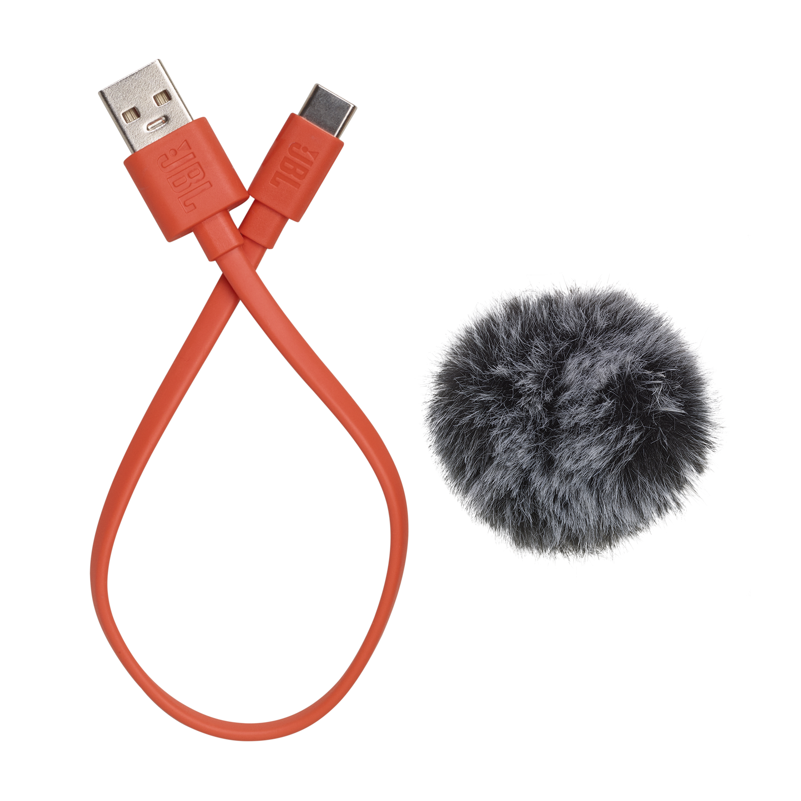 Siyah arka plan üzerinde tüylü bir mikrofon kılıfı ile turuncu bir USB - USB-C kablosu.
