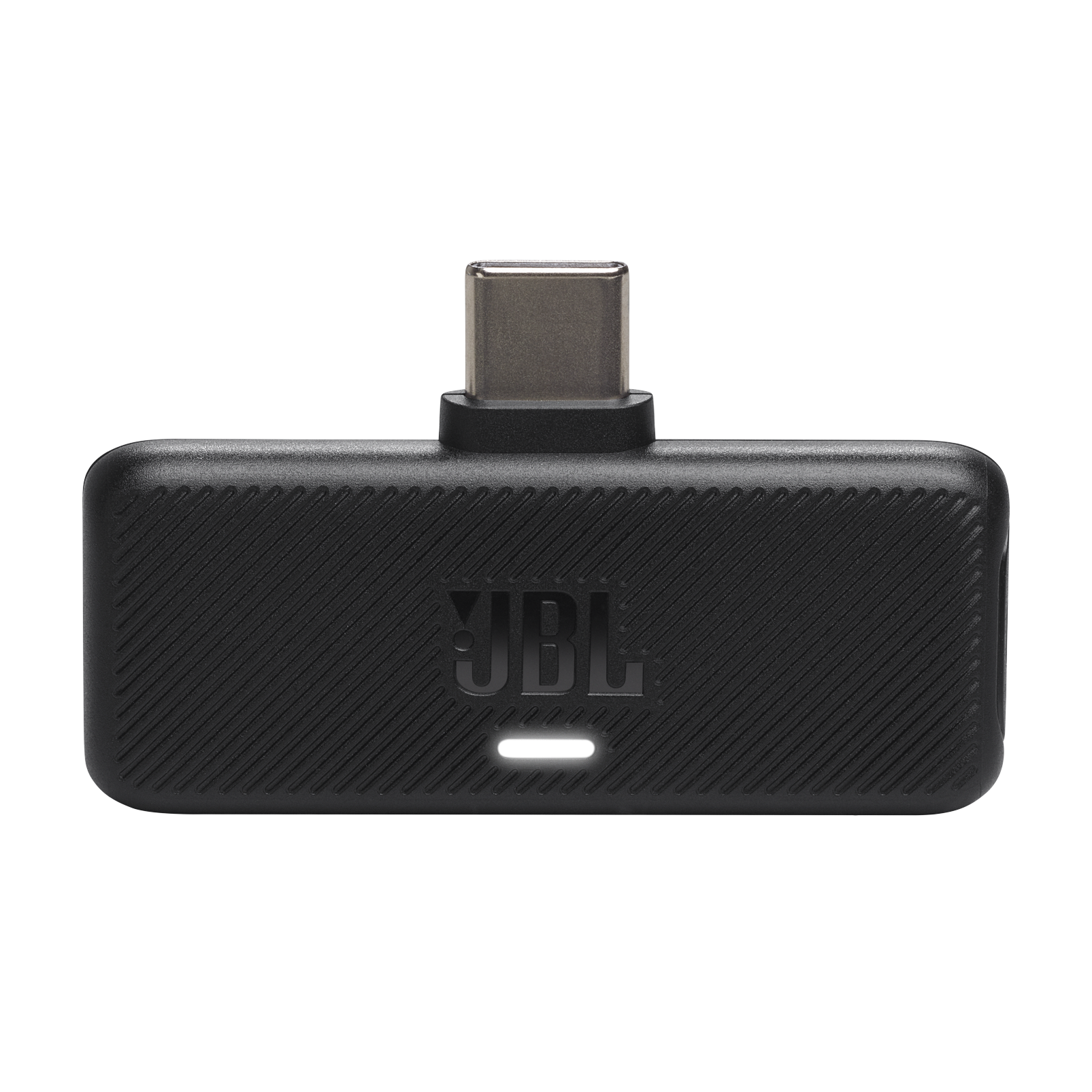 Üstte bir USB-C konektörü bulunan siyah bir JBL USB-C ses adaptörü.