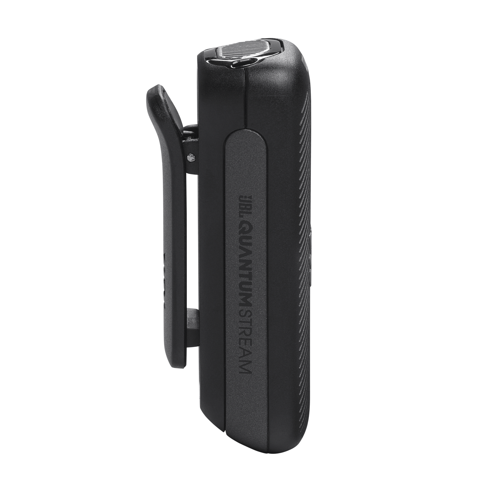 Klipsli siyah bir JBL Quantum Stream mikrofon. Yanda JBL Quantum Stream logosu var.