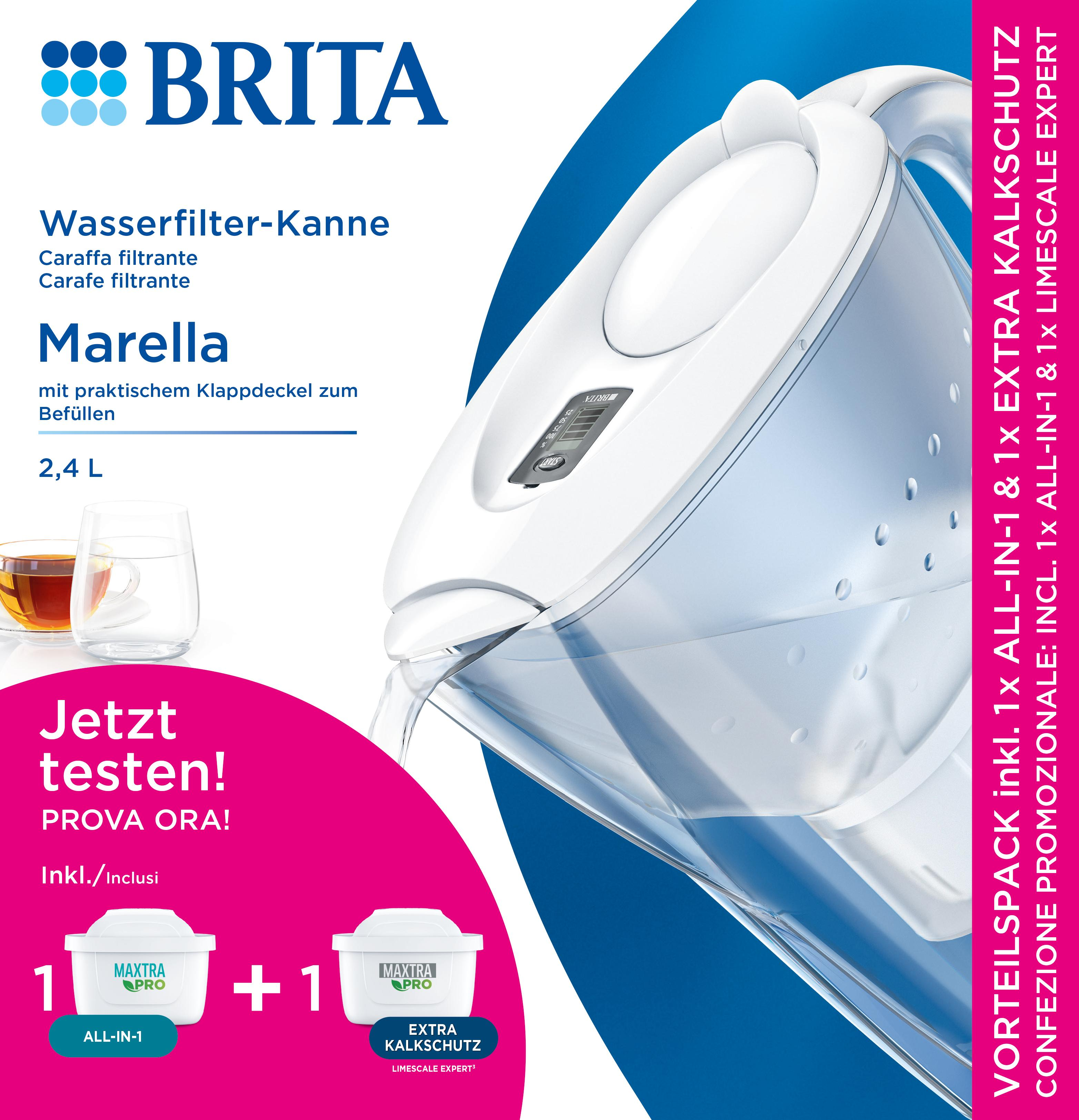 Weißer und blauer Brita Wasserfilter-Krug mit Text und Blick auf den Filter und das Wasser.