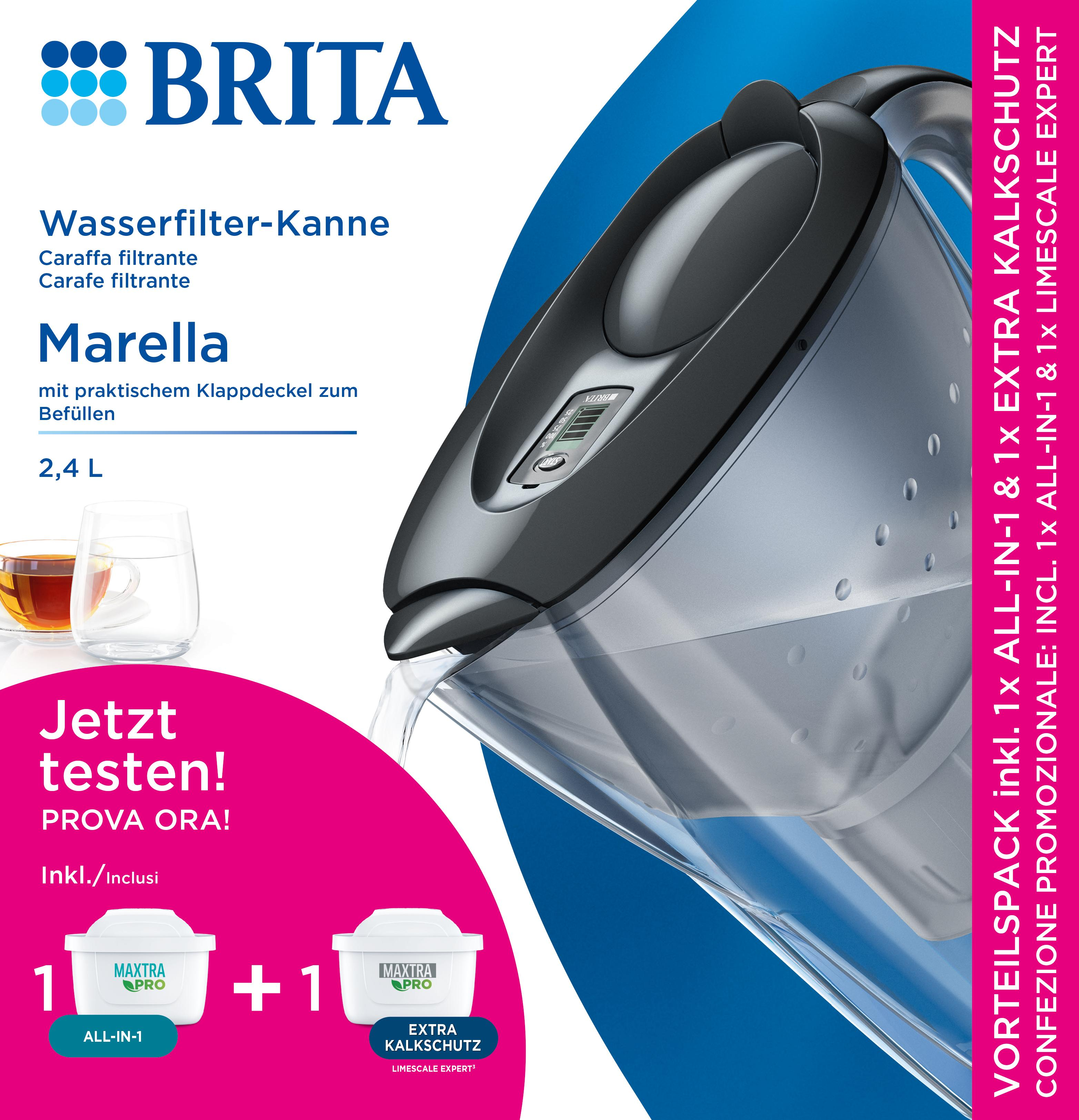 Brita Wasserfilter-Kanne mit Extra-Filter, Wassergläsern und Tee.