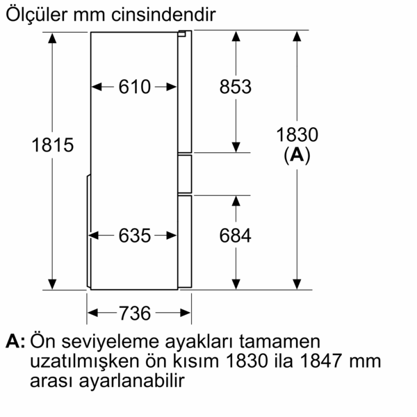 Bir buzdolabının teknik çizimi. Boyutlar ve ölçüler gösterilmektedir. Türkçe metin.