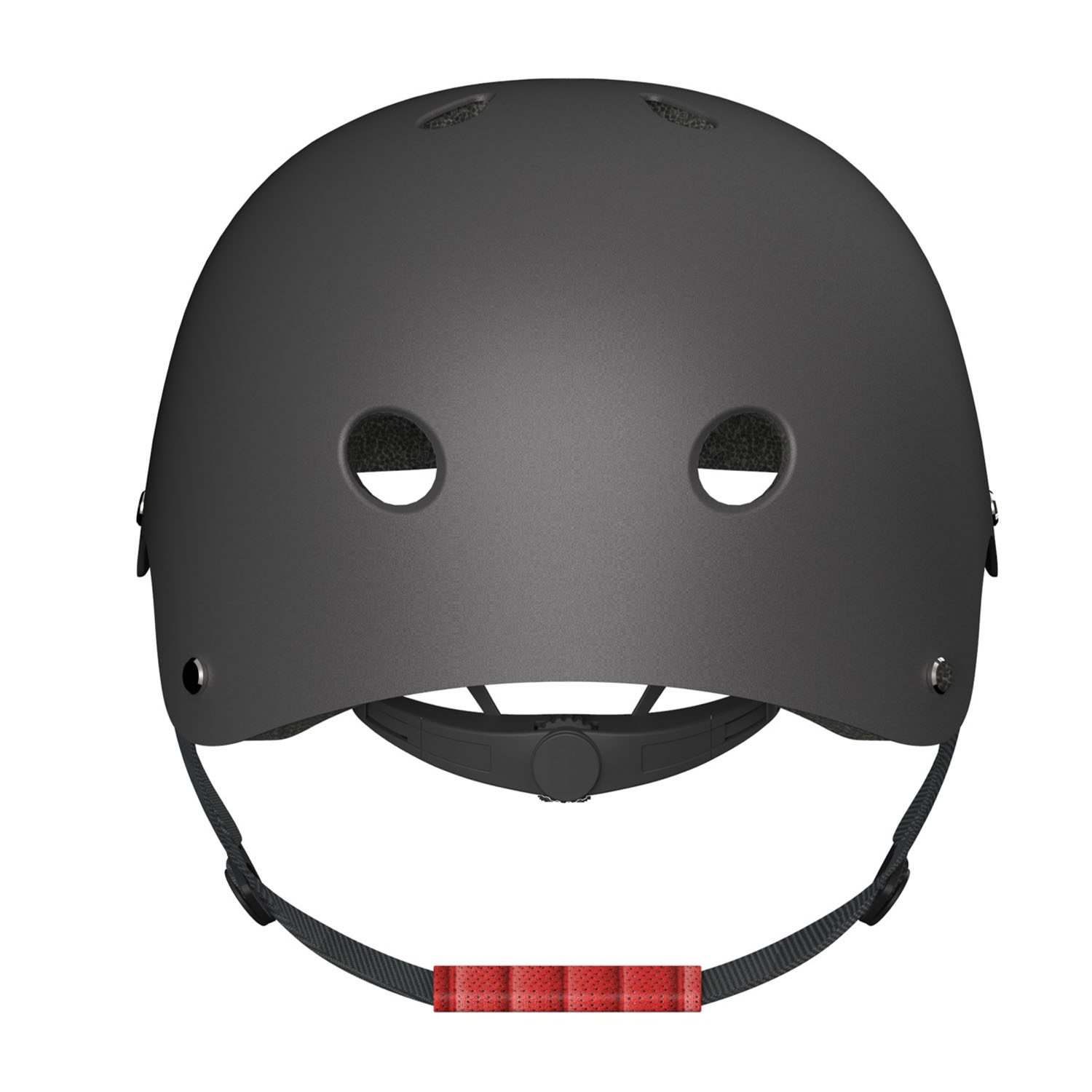 Casco nero con due fori e sottogola rosso su sfondo bianco.