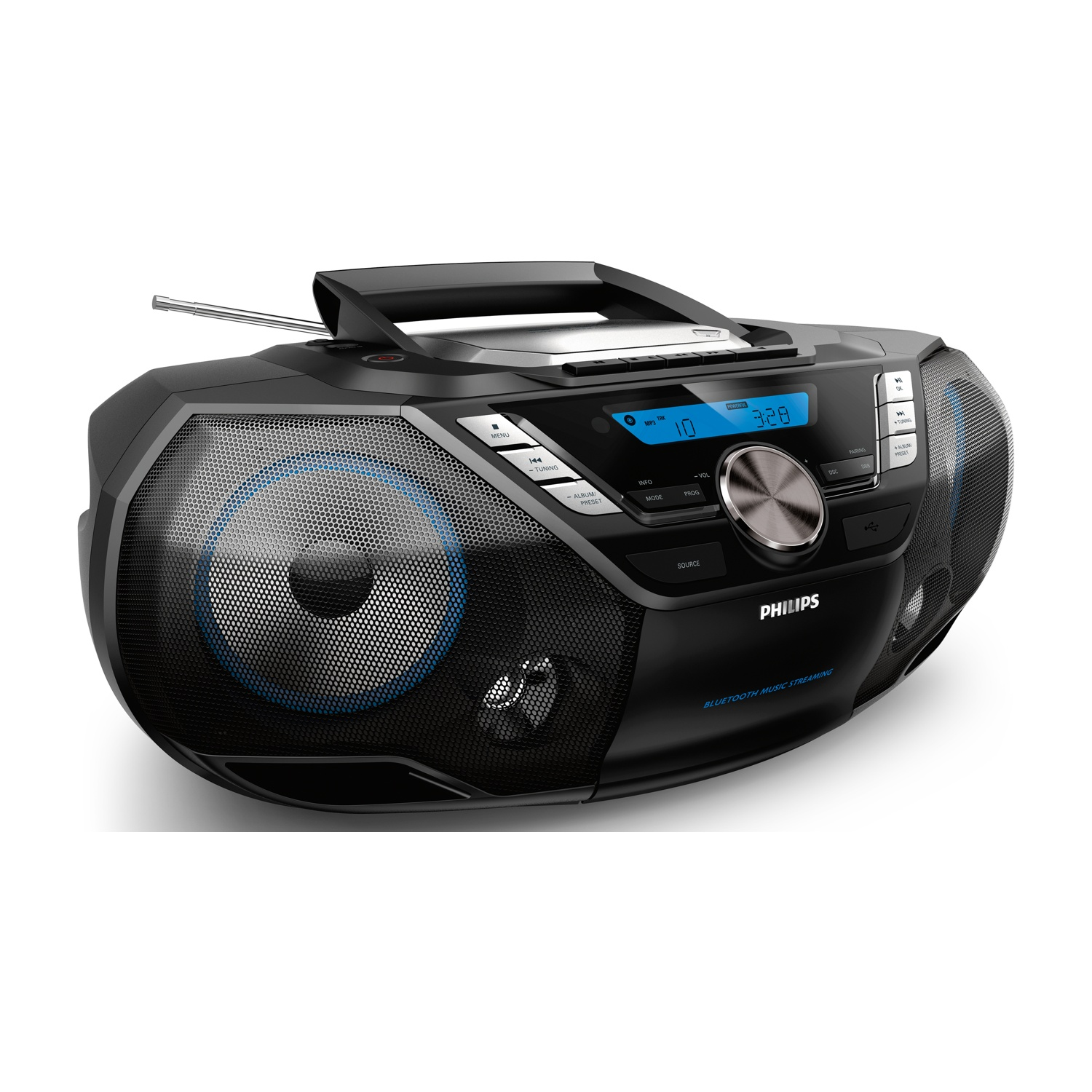 Un boombox Philips nero con maniglia, display e altoparlanti con luce blu.