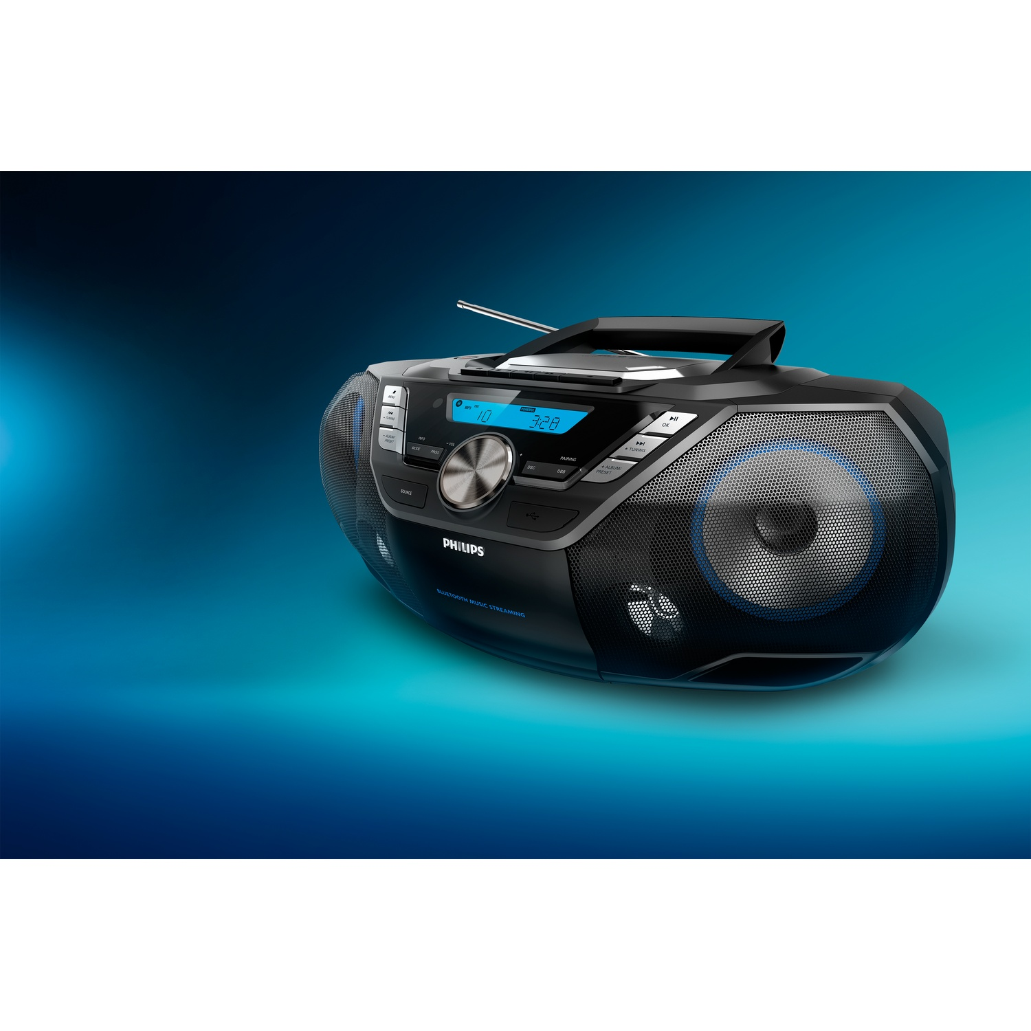 Un boombox Philips nero con dettagli blu e display digitale.