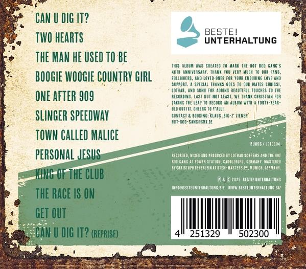 Albumcover mit Titelliste und Text auf rostigem, grünem Hintergrund.
