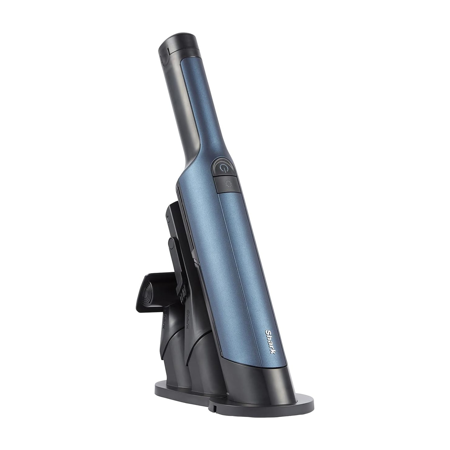 Aspirapolvere a mano Shark blu su un supporto. Senza fili e con base di ricarica.