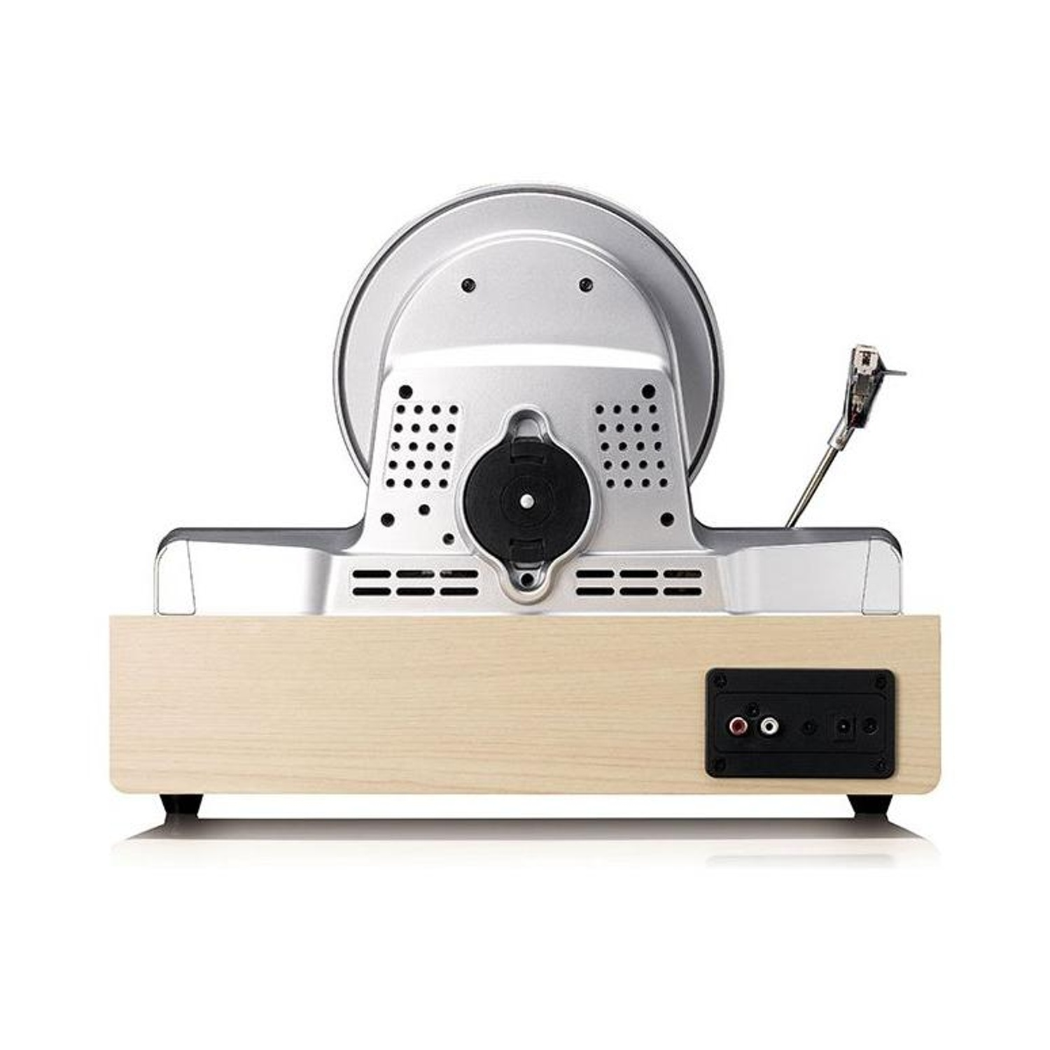 Vista posteriore di un dispositivo audio con base in legno chiaro e comandi neri.