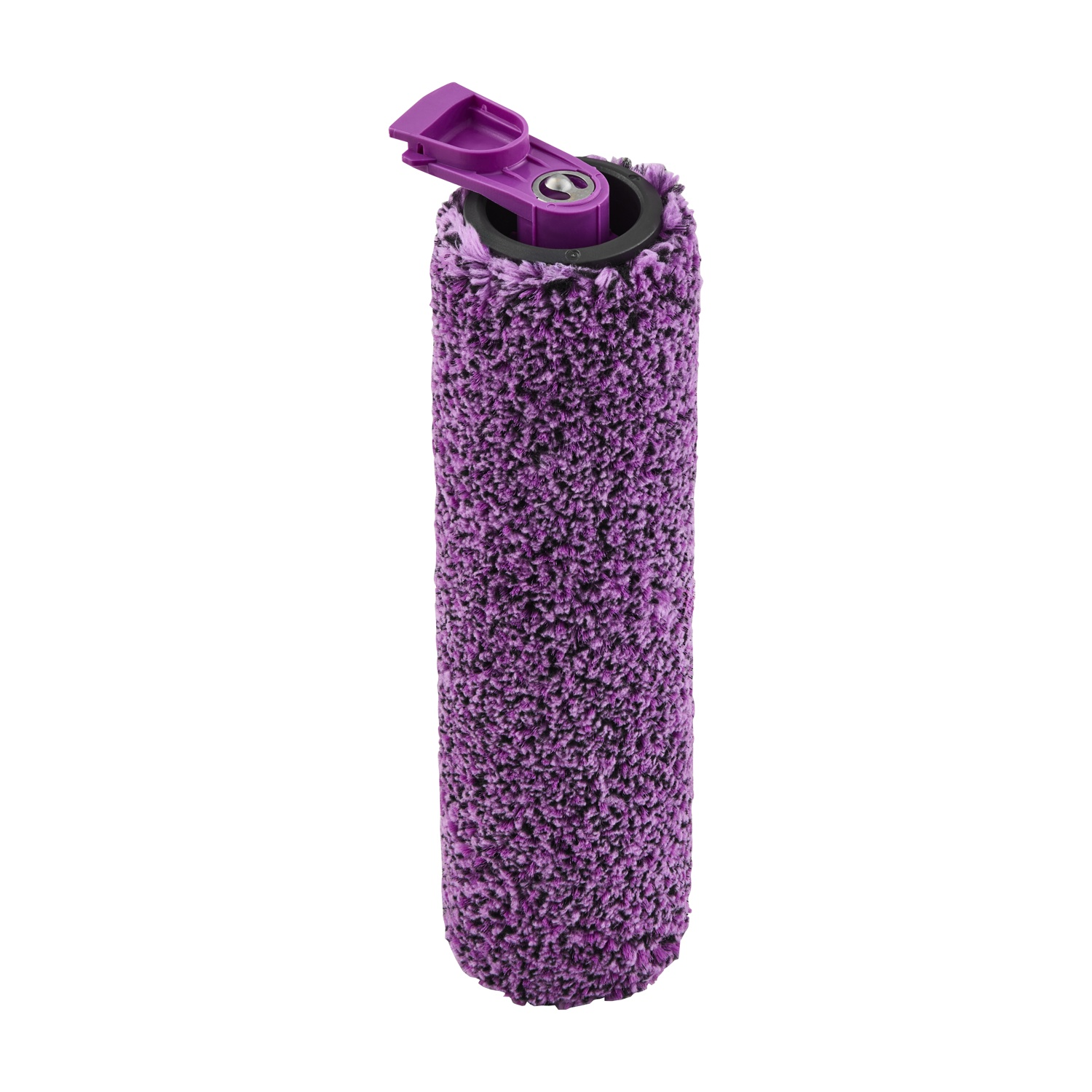 Una spazzola a rullo viola, cilindrica, sfocata, con parte superiore in plastica viola, isolata su bianco.