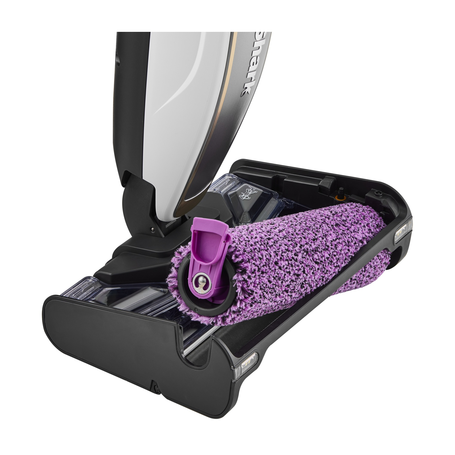 Componente per pulitore pavimenti Shark. Un rullo viola e un contenitore nero.