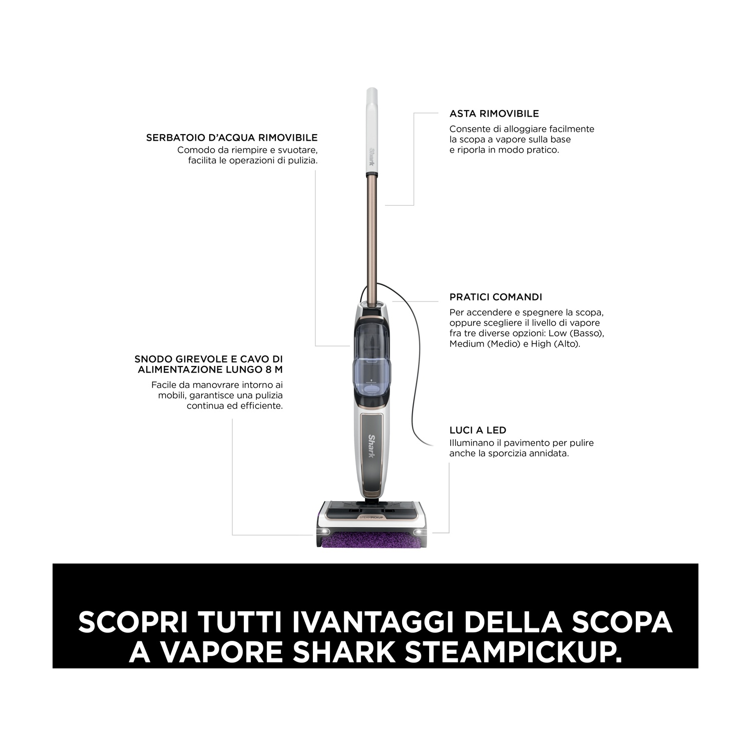 Una scopa a vapore con testo che descrive le sue caratteristiche in italiano, con sfondo bianco.
