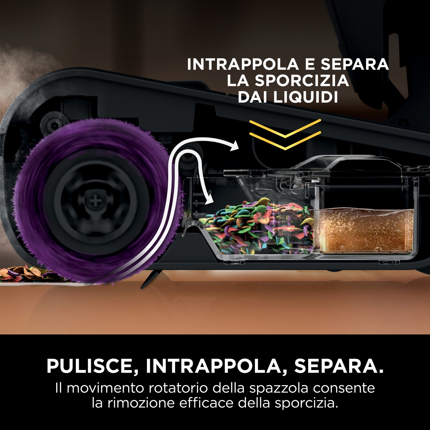 Testa dell'aspirapolvere con spazzola rotante, che cattura e separa lo sporco.