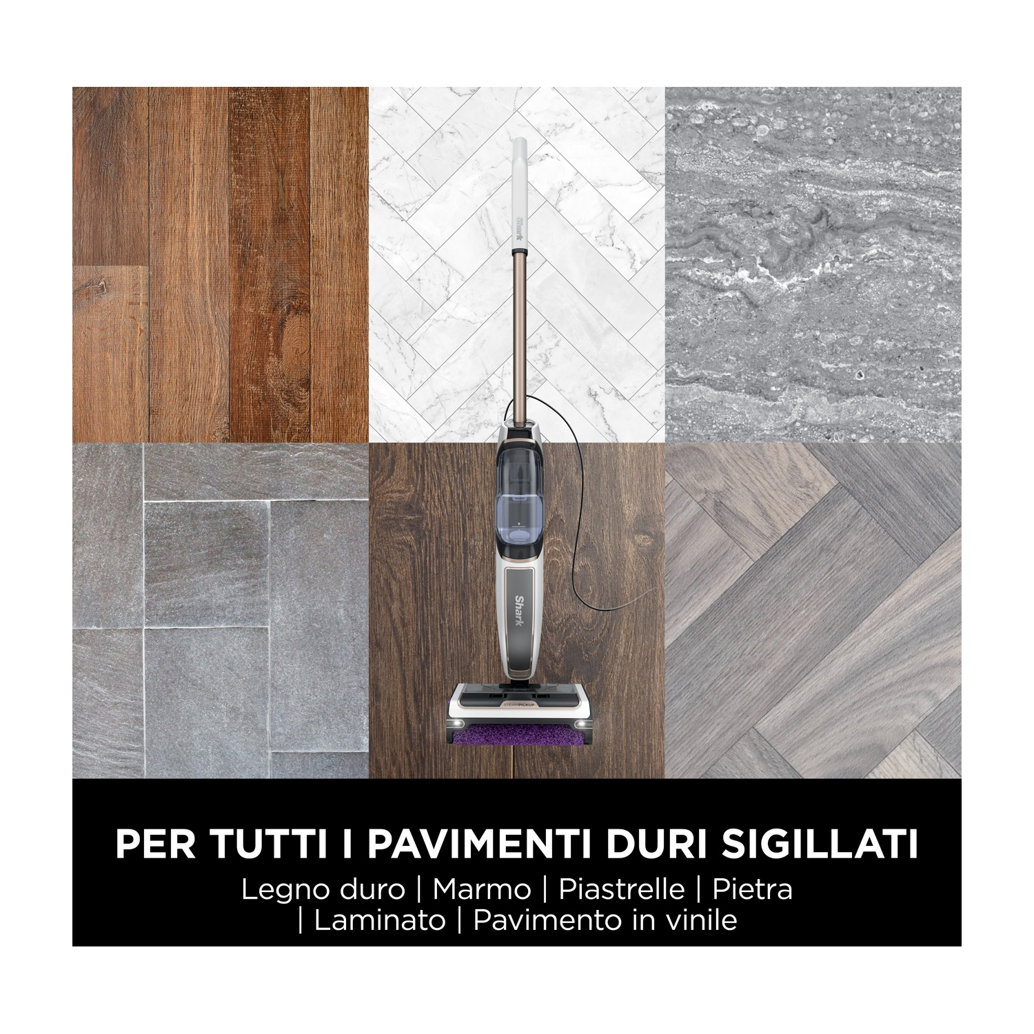 Un'immagine con diversi tipi di pavimento e un testo che dice 'Per tutti i pavimenti duri'.