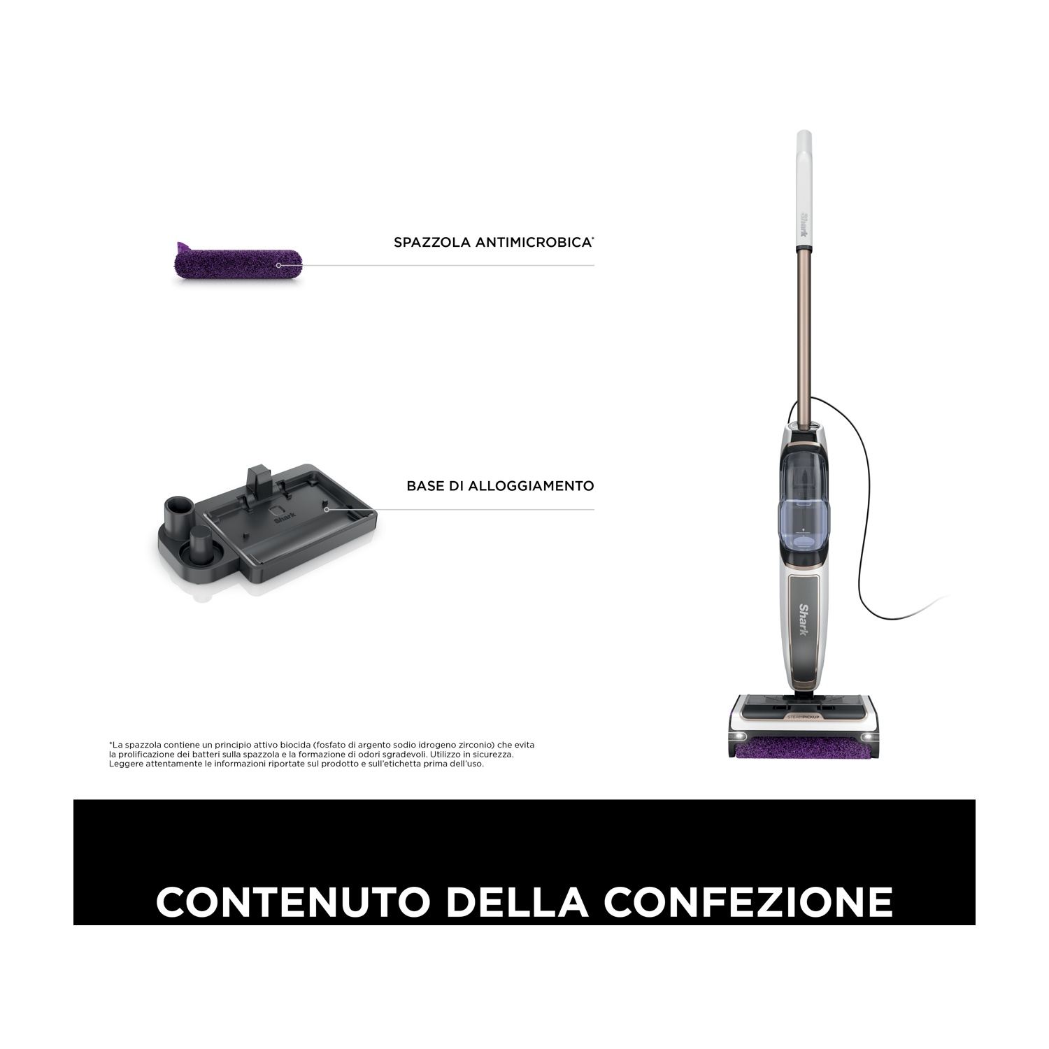 Aspirapolvere Shark con accessori e base. Testo in italiano.