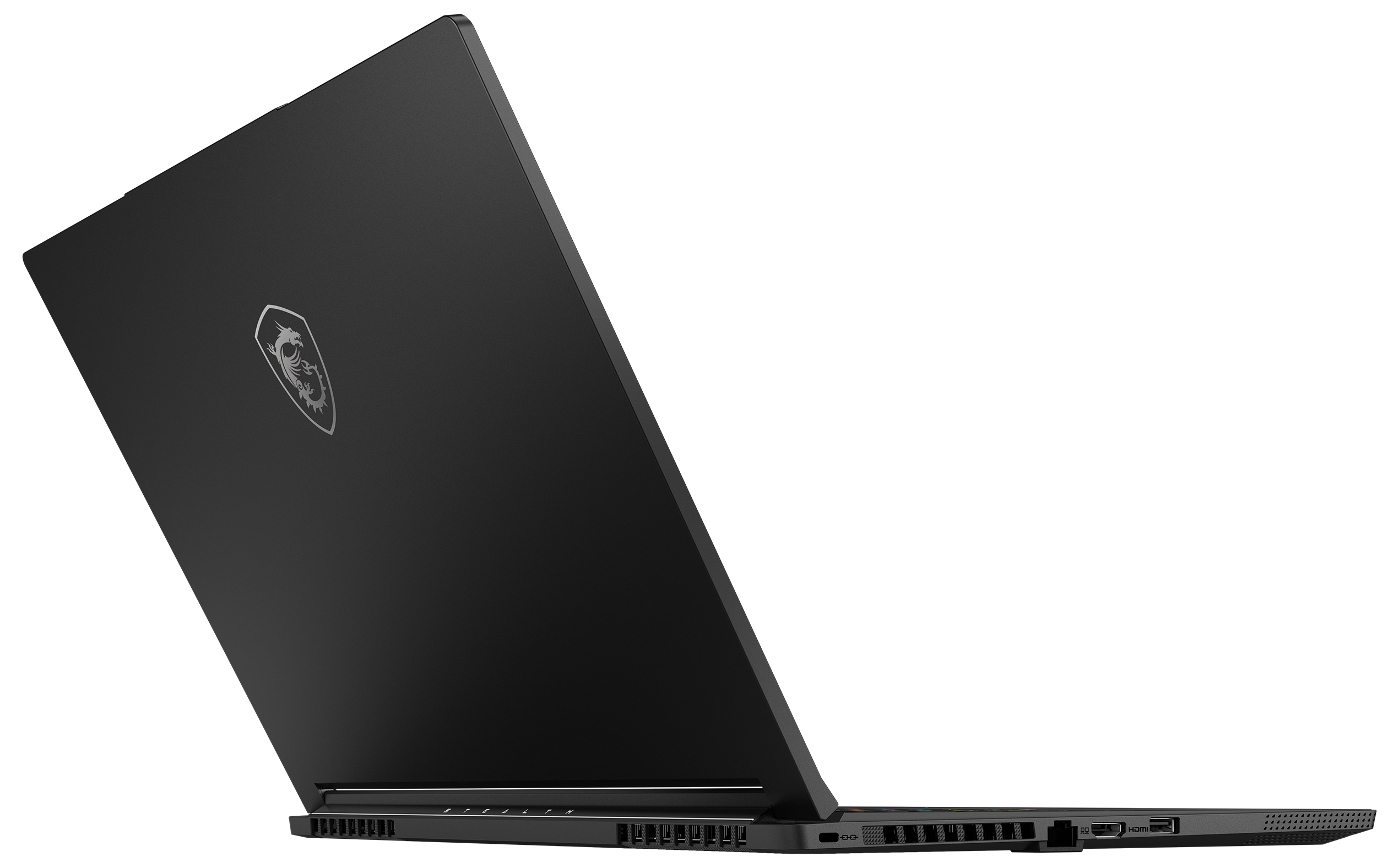 Schwarzer Laptop auf schwarzem Hintergrund, der Deckel ist geöffnet. Das MSI-Logo ist auf dem Deckel.