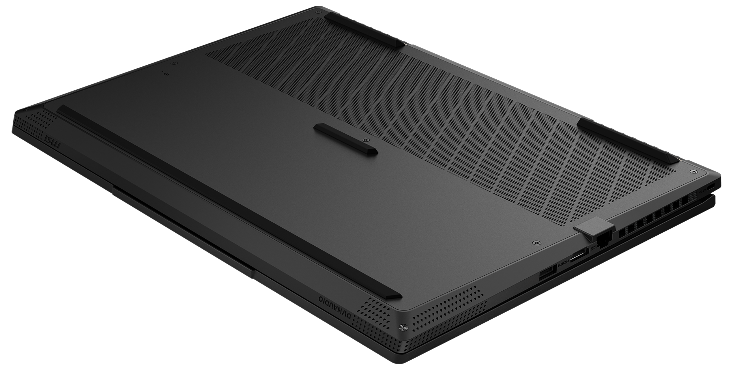 Ein schwarzer Laptop von unten gesehen, mit einem schlanken, strukturierten Design.