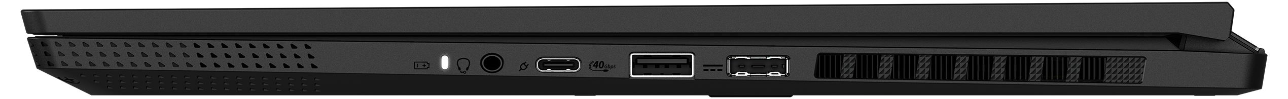 Seitenansicht eines schwarzen Laptops mit Anschlüssen für Audio, USB und andere Verbindungen.