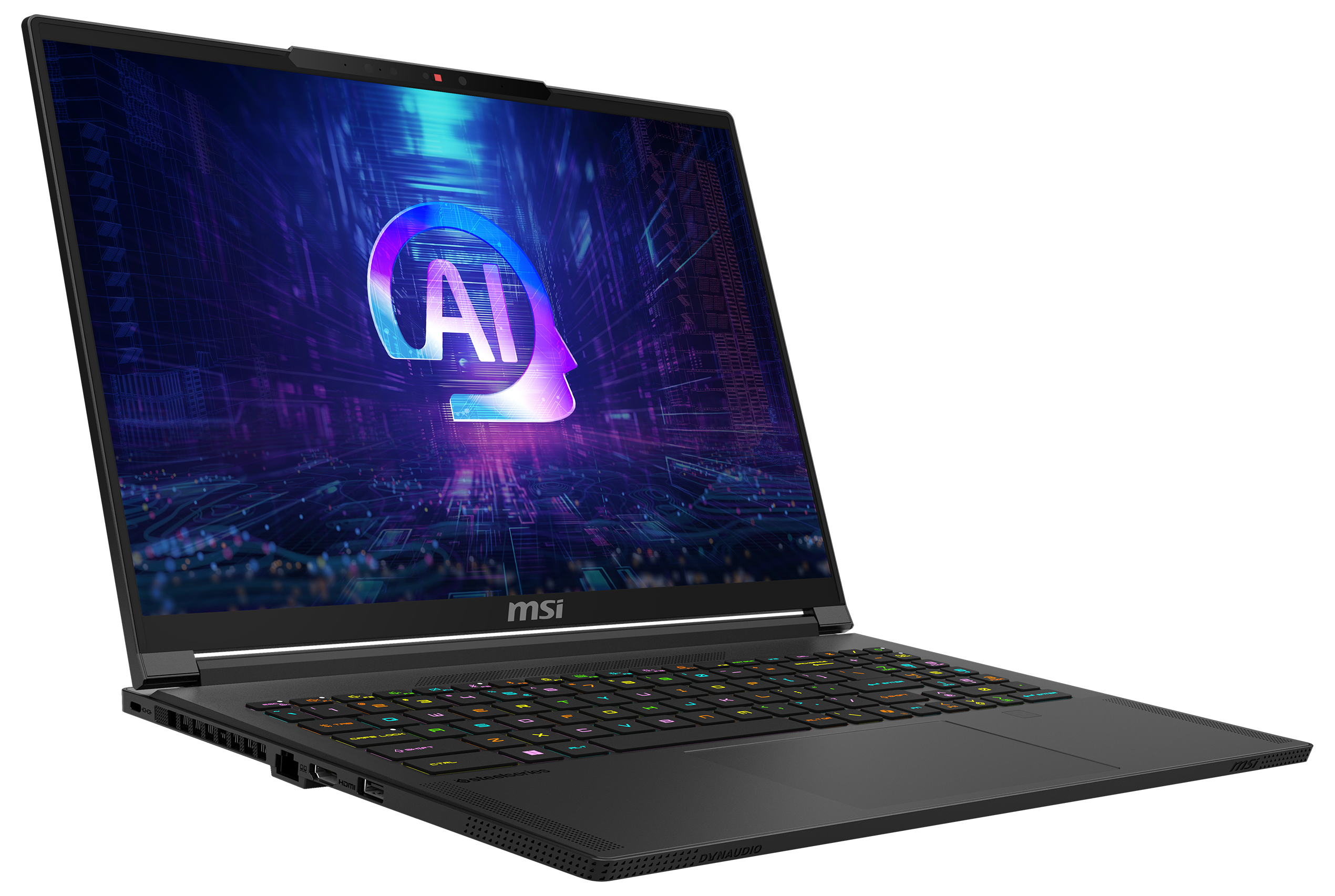 Schwarzer Laptop, Bildschirm zeigt AI-Logo. Tastatur leuchtet in verschiedenen Farben. Seitenansicht.