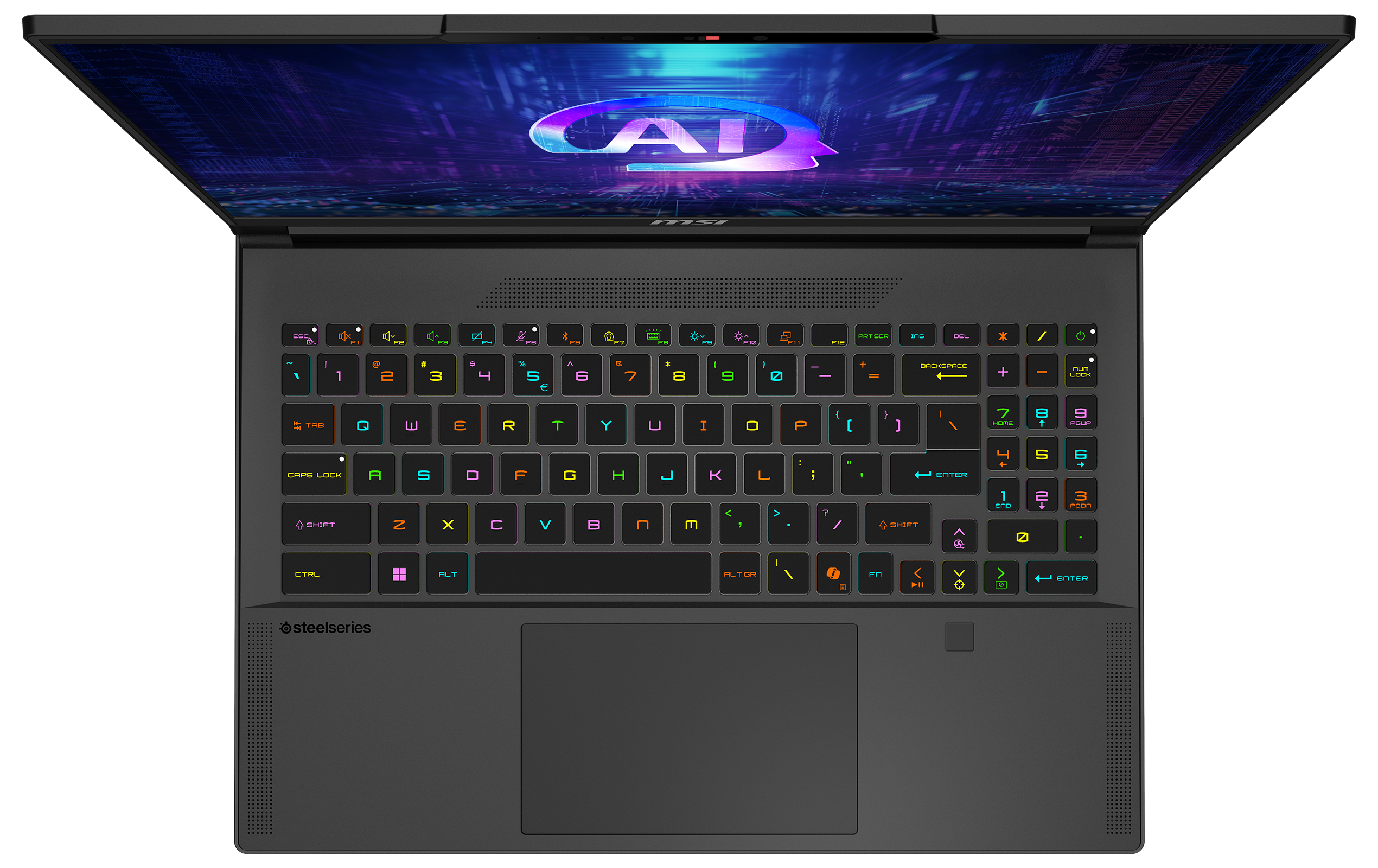 Draufsicht auf einen Laptop mit bunter Tastatur und Bildschirm.