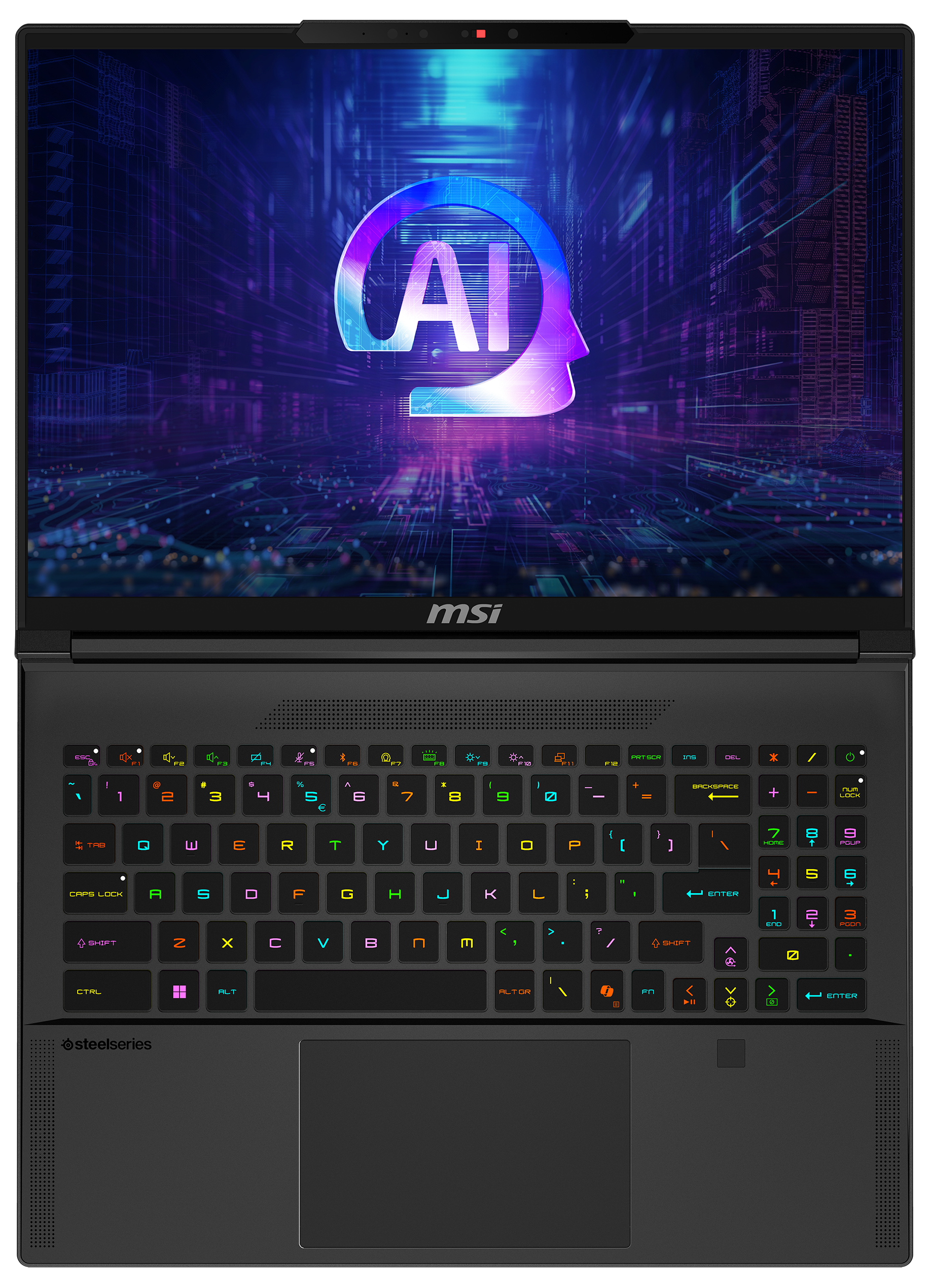Schwarzer Laptop, Draufsicht, bunte Tastatur, KI-Logo auf dem Bildschirm.