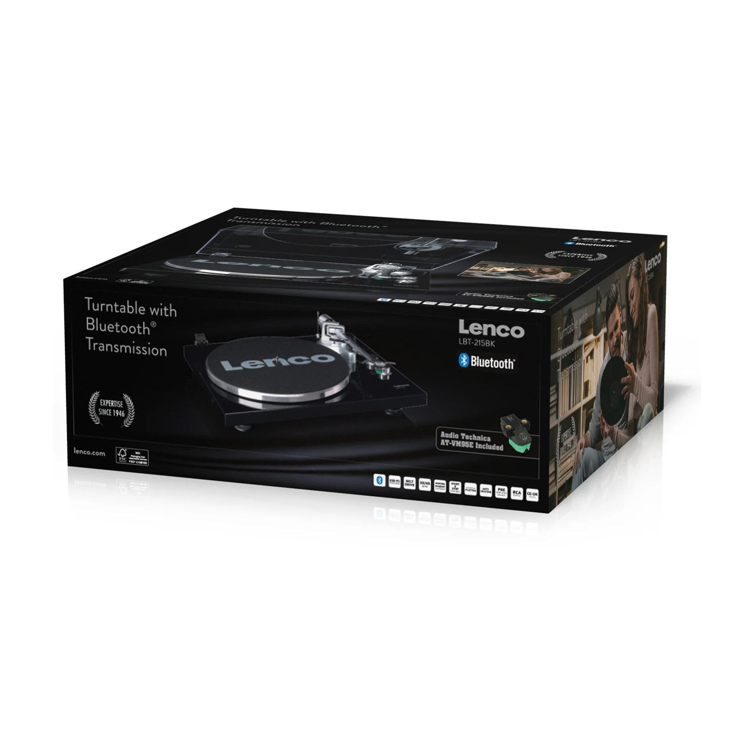 Giradischi nero in una scatola nera con trasmissione Bluetooth.