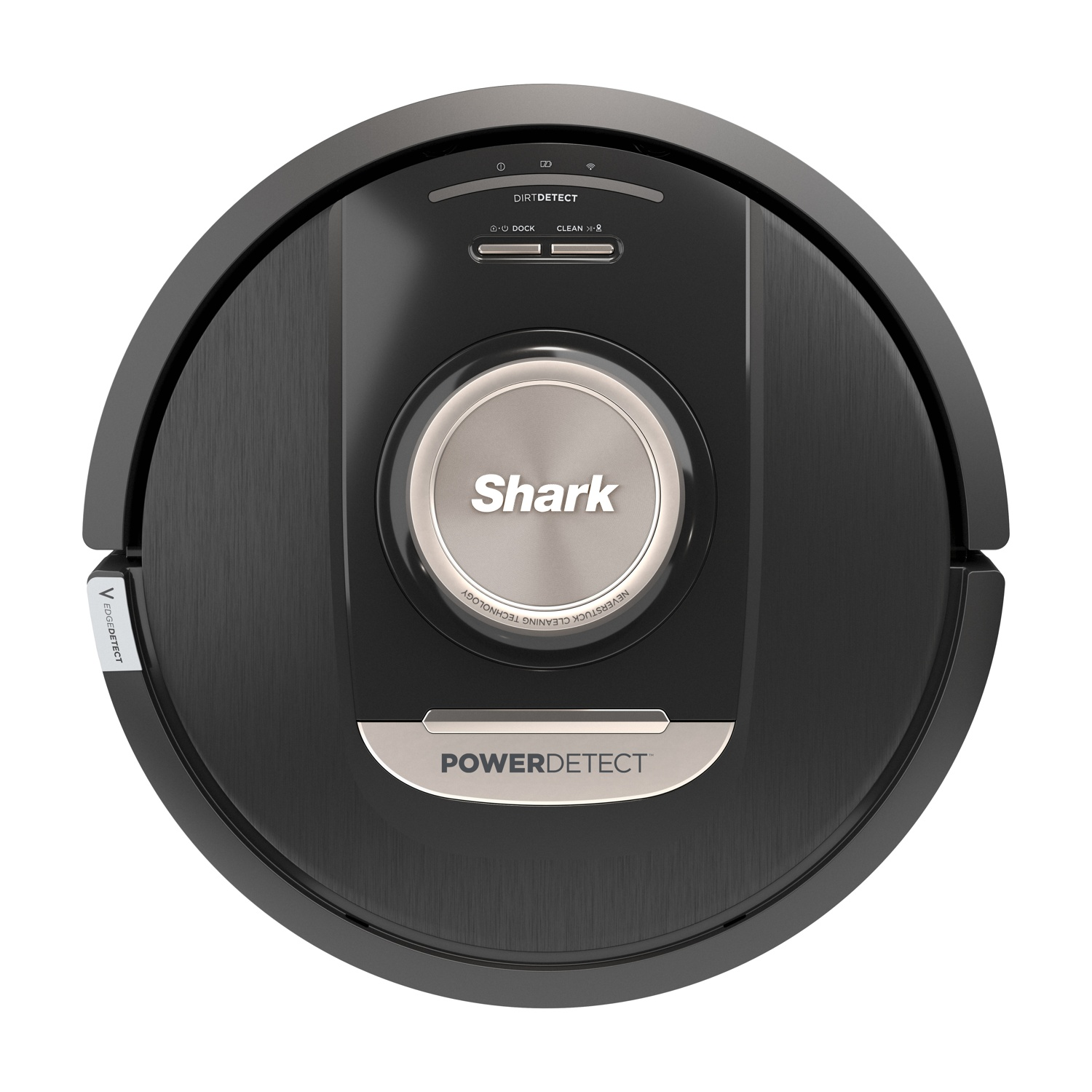 Aspirapolvere robot Shark PowerDetect nero. Forma rotonda. Logo Shark argentato. Pulsanti DOCK e CLEAN.