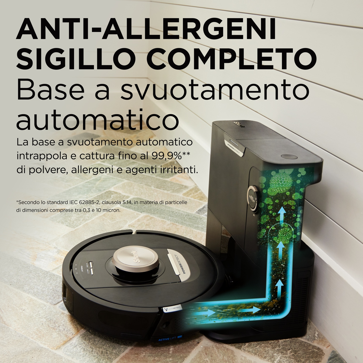 Base per aspirapolvere nera, con frecce che mostrano il flusso d'aria, testo in italiano.