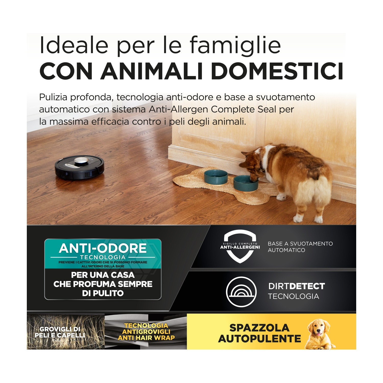 Un aspirapolvere robot che pulisce un pavimento in legno, un cane è nella ripresa.