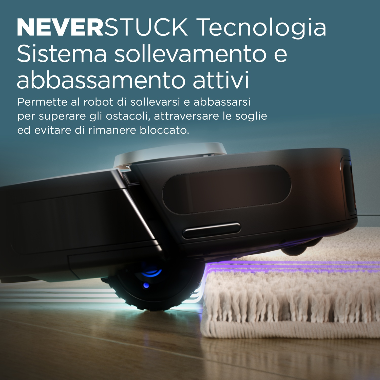 Un aspirapolvere robot, su un tappeto, con una parte mobile che si alza e si abbassa. Il pavimento è in legno.