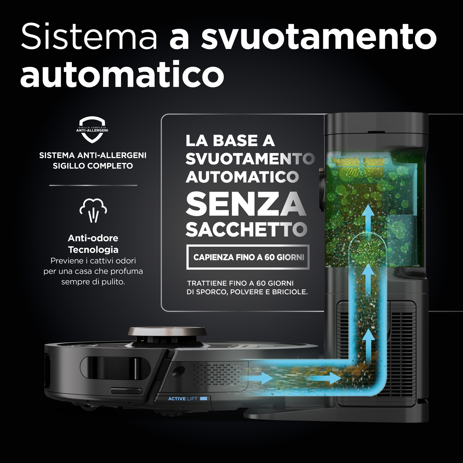 Aspirapolvere nero con sistema di svuotamento automatico. Vengono visualizzati testo e icone.