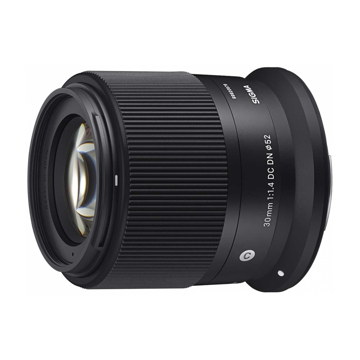 Obiettivo fotocamera nero con lati scanalati e lente trasparente. Marchio Sigma.