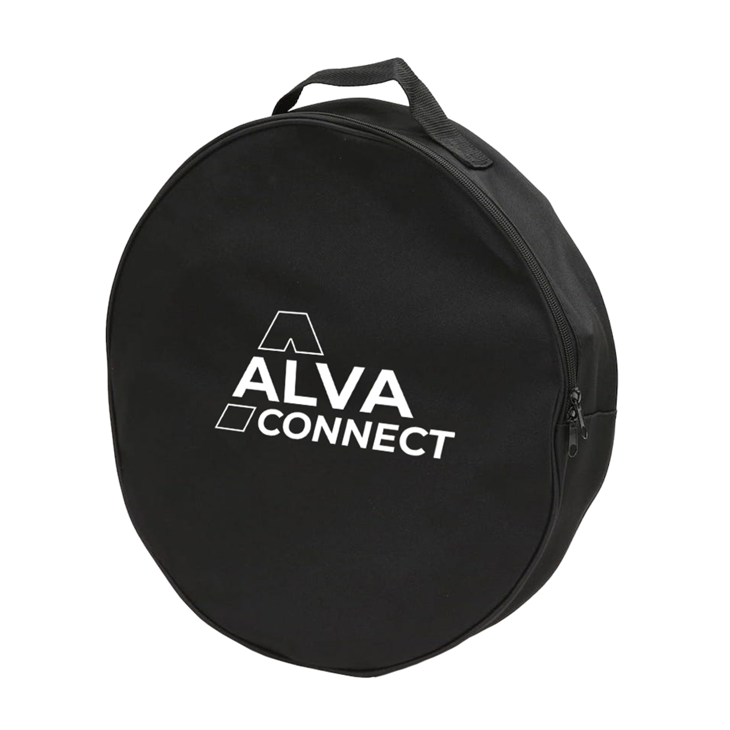 Borsa rotonda nera ALVA CONNECT con logo bianco e manico.