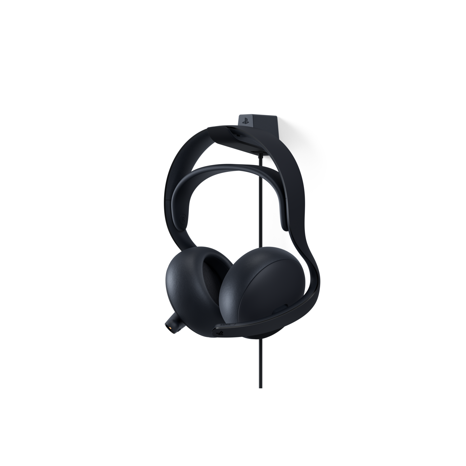 Casque de jeu PlayStation noir. Il est sur un support devant un fond noir.