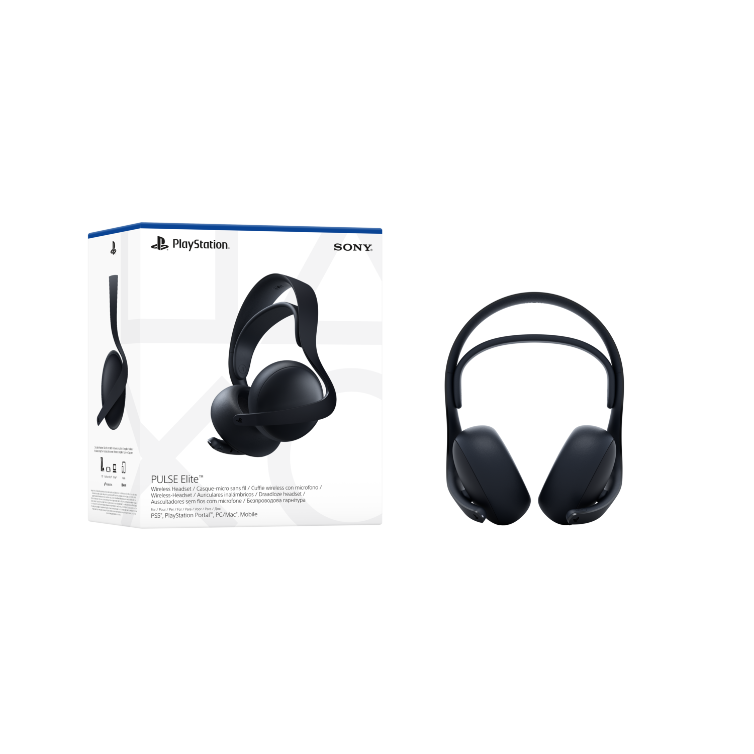 Casque PlayStation noir et boîte. La boîte est noire et blanche avec du texte.