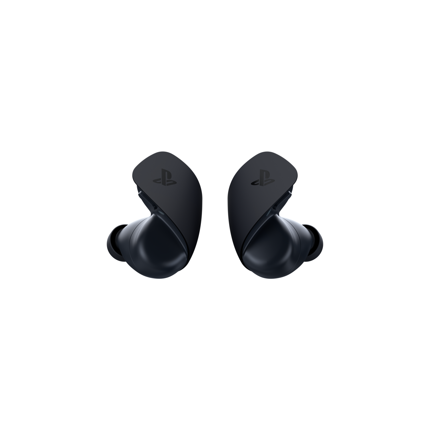Black PlayStation earbuds on a black background.