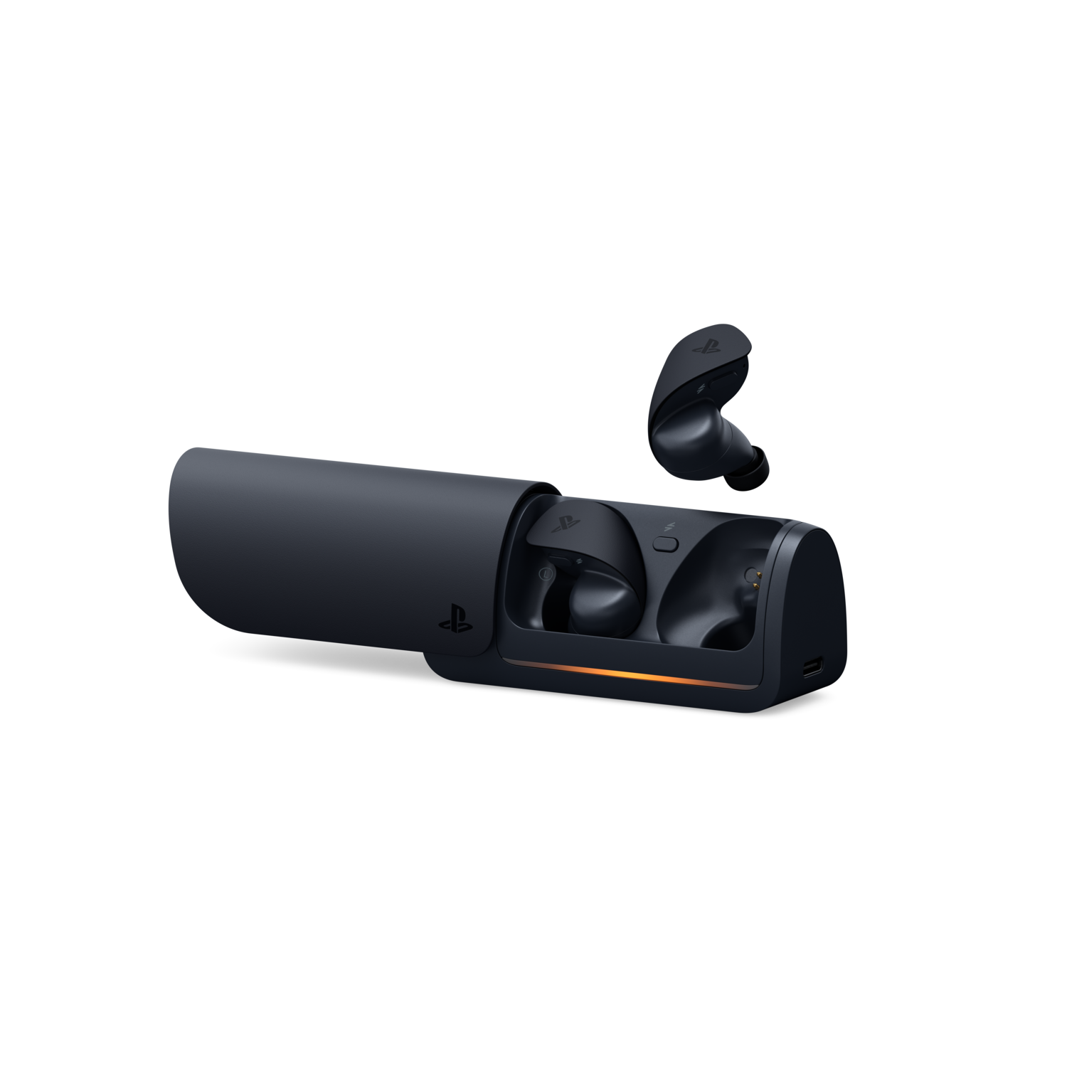 Black Sony PlayStation earbuds with charging case. The case is open, earbuds inside.